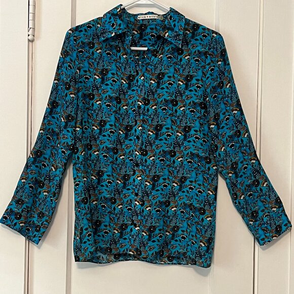 Alice + Olivia 100% silk printed button up shirt blouse size small office work - Picture 1 of 8